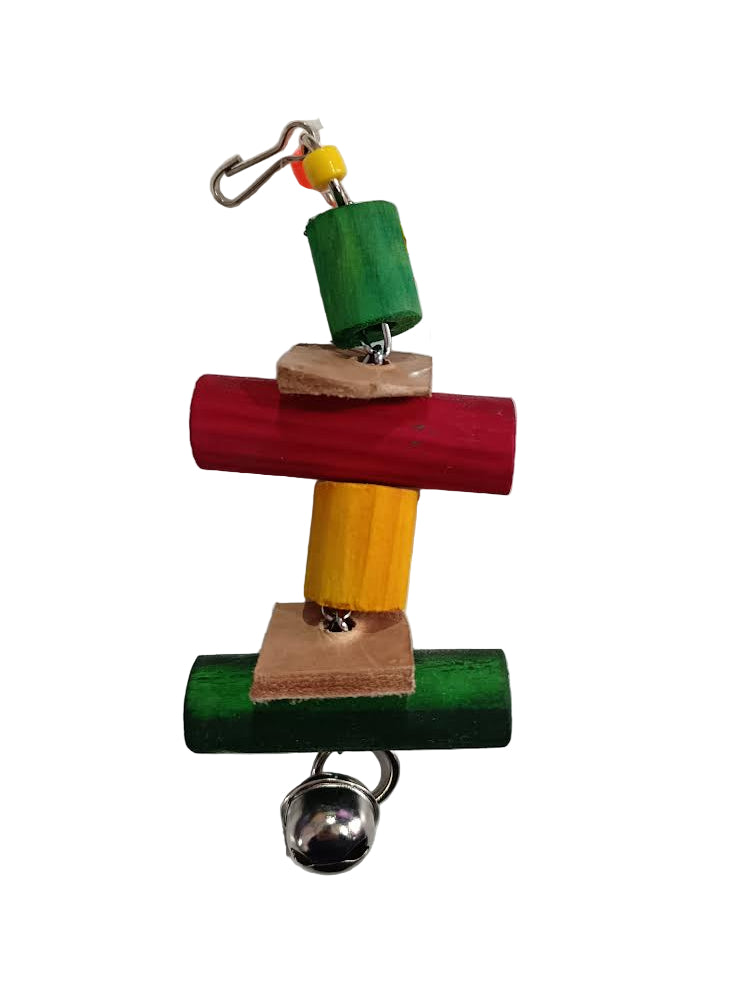 Parakeet wood & leather wafer with bell bird toy