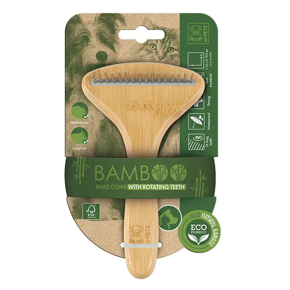 Mpets Bamboo Rake Comb With Rotating Teeth