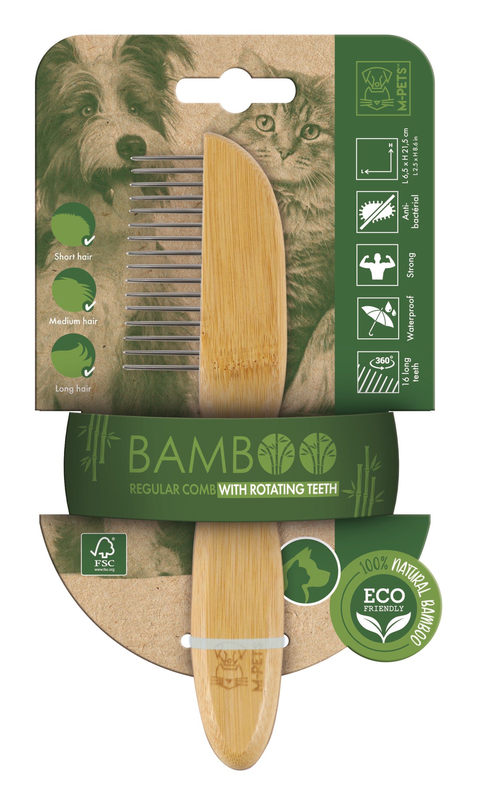 Mpets Bamboo Regular Comb With Rotating Teeth